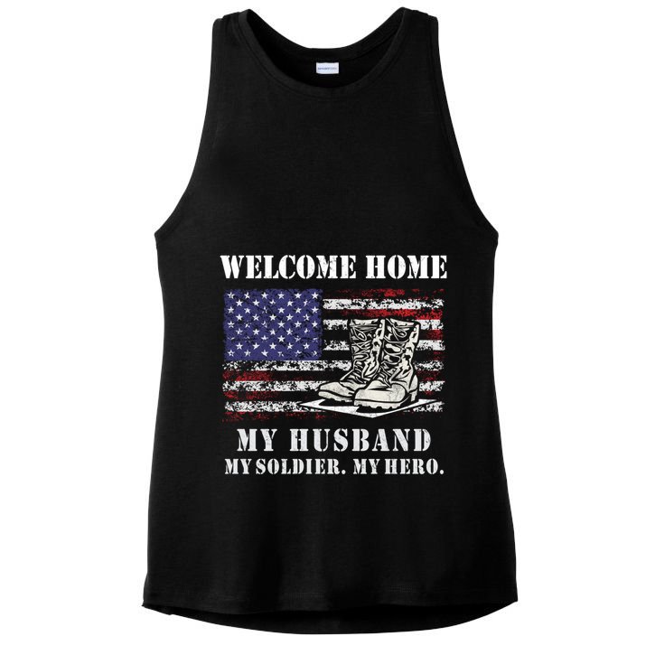 Welcome Home My Husband Military Homecoming Wife Usa Flag Gift Ladies PosiCharge Tri-Blend Wicking Tank