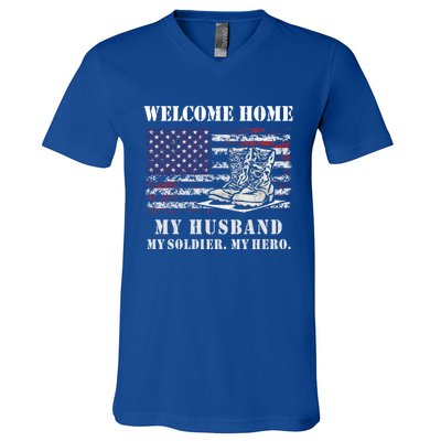 Welcome Home My Husband Military Homecoming Wife Usa Flag Gift V-Neck T-Shirt