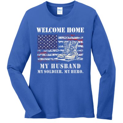 Welcome Home My Husband Military Homecoming Wife Usa Flag Gift Ladies Long Sleeve Shirt