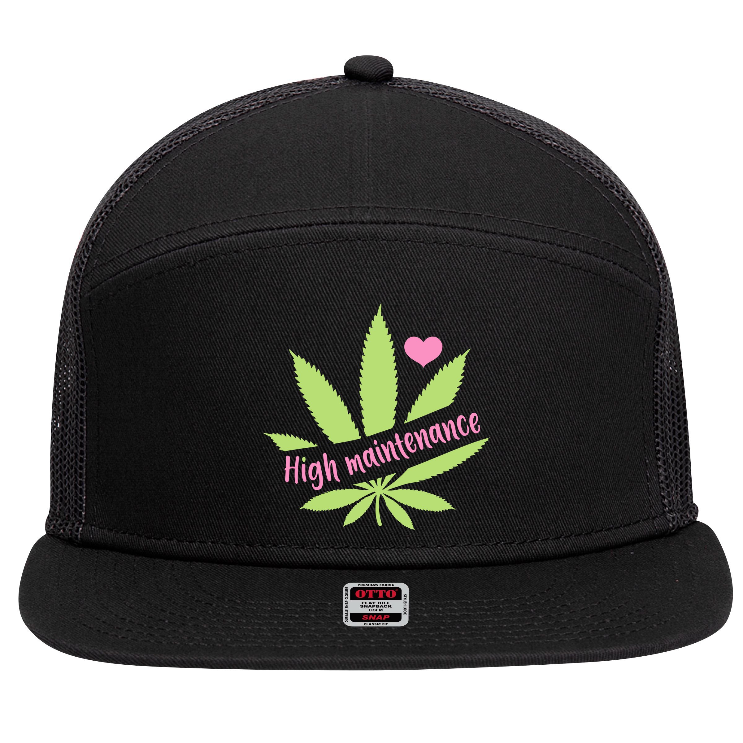 Weed High Maintenance Funny Marijuana Lover 7 Panel Mesh Trucker Snapback Hat