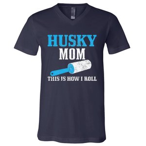 Womens Husky Mom Dog Hair Funny Siberian Husky Mama V-Neck T-Shirt