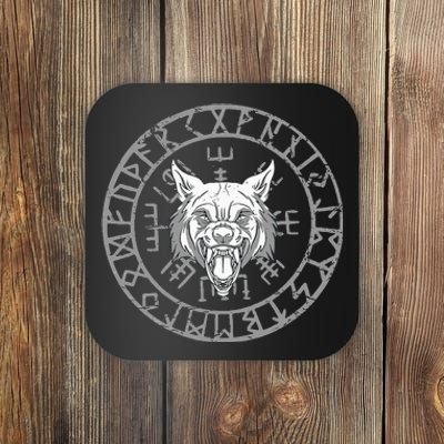 Wolf Head Nordic Rune Circle And Viking Symbols Coaster