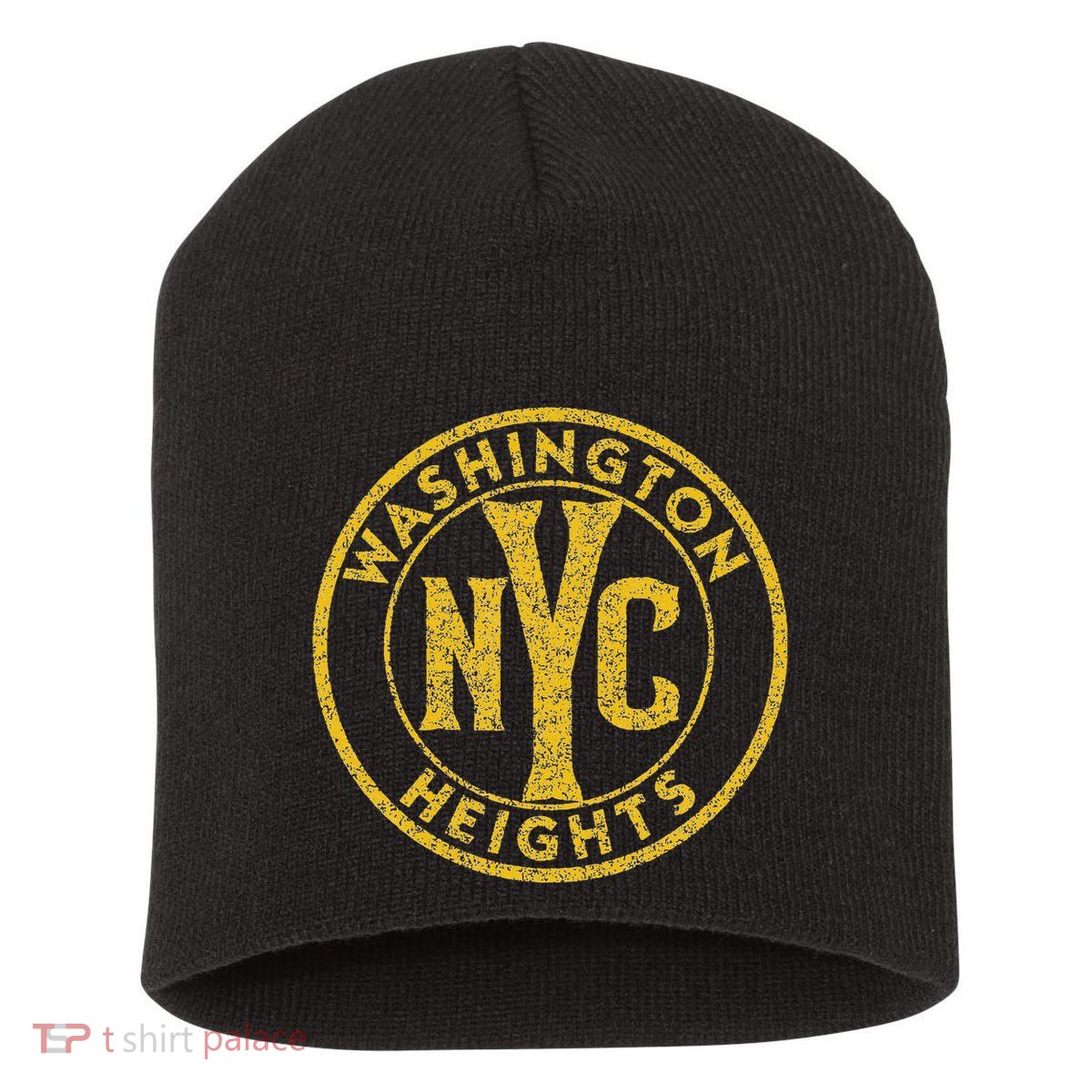 Washington Heights Nyc Circle Sign Distressed Amber Print Short Acrylic Beanie