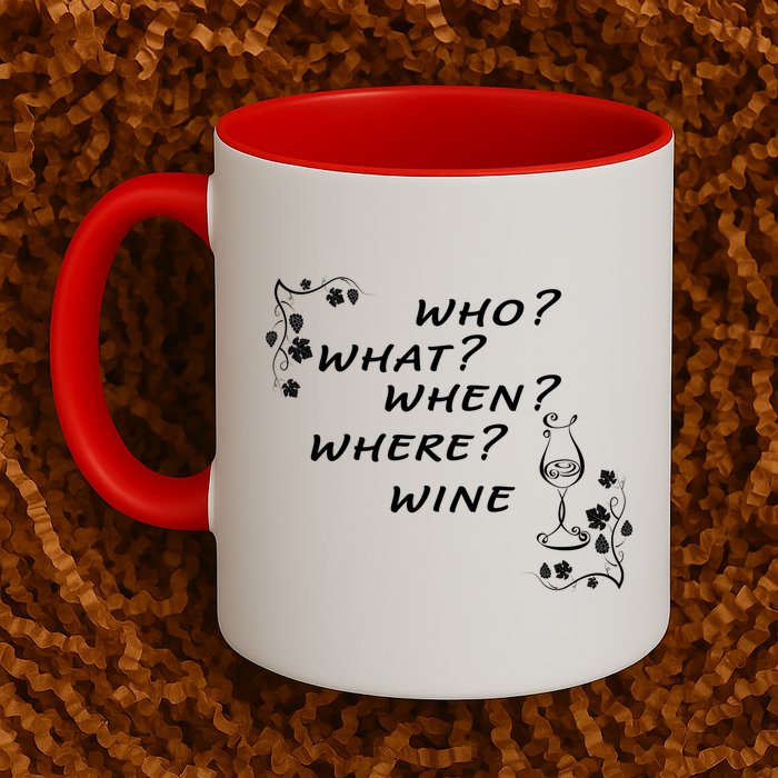 Who What When Where Wine Mug