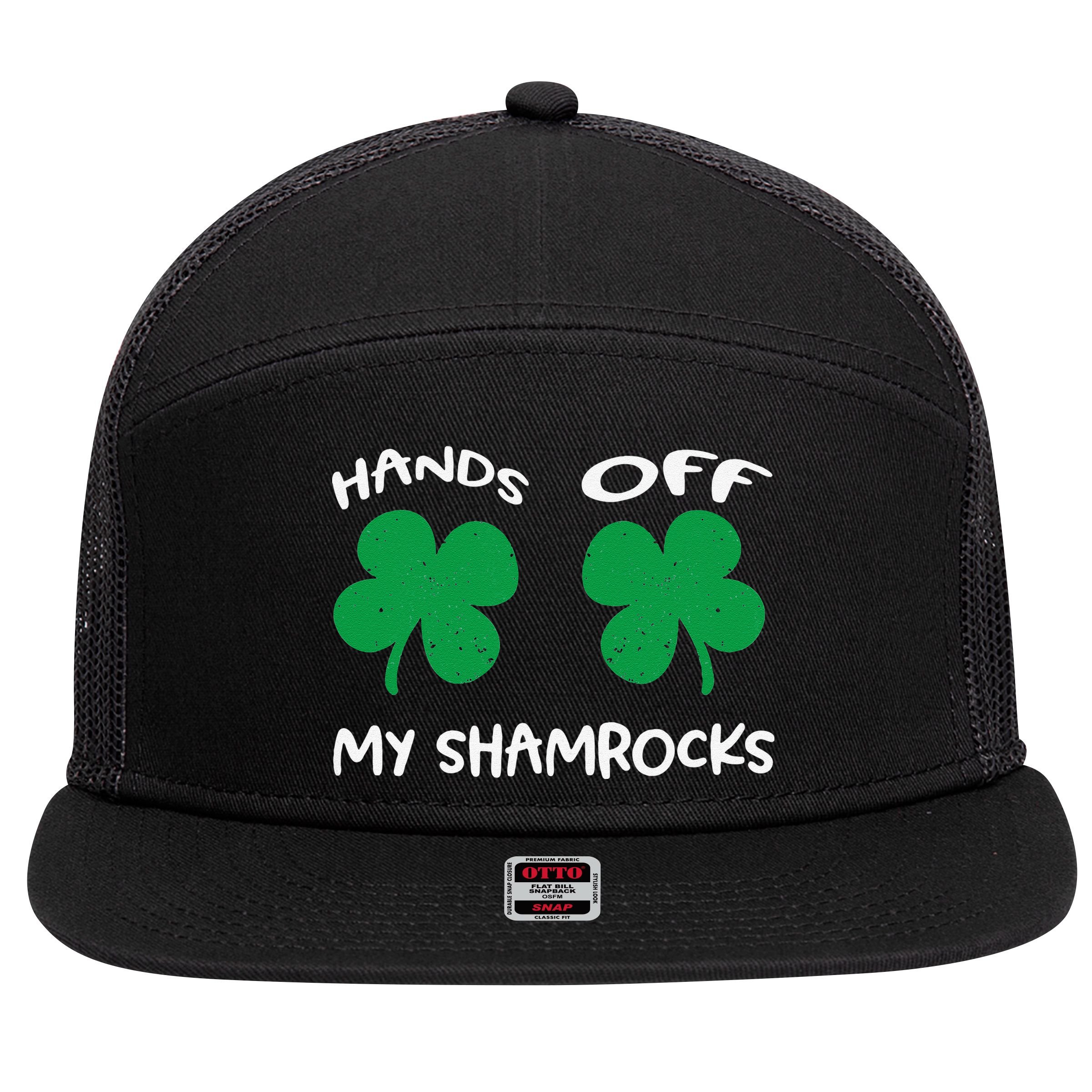 Womens Hands OFF My Shamrocks St. Patrick's Day Celebration 7 Panel Mesh Trucker Snapback Hat