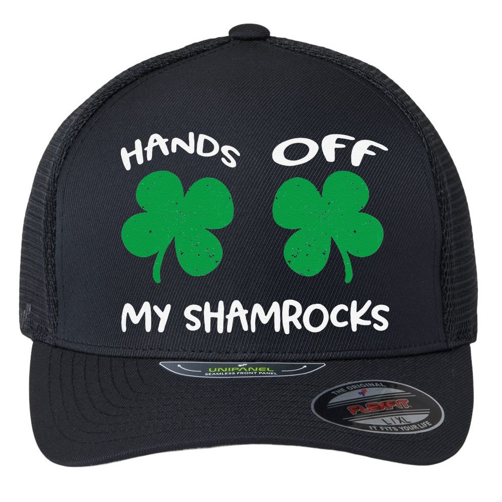 Womens Hands OFF My Shamrocks St. Patrick's Day Celebration Flexfit Unipanel Trucker Cap