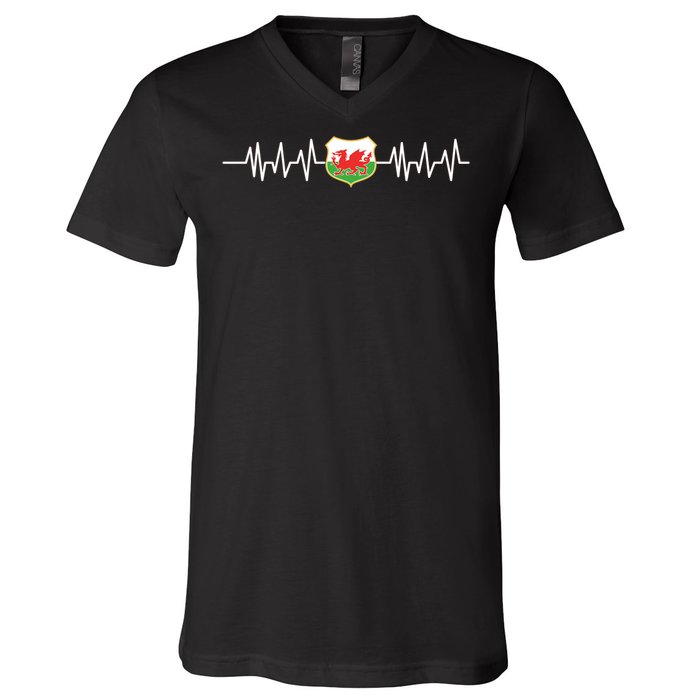 Wales Heartbeat Pulse Wales Flag V-Neck T-Shirt