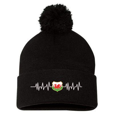 Wales Heartbeat Pulse Wales Flag Pom Pom 12in Knit Beanie