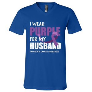 Warrior Husband Purple Ribbon Pancreatic Cancer Awareness Gift V-Neck T-Shirt