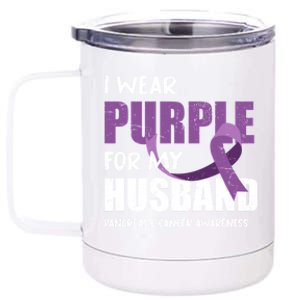 Warrior Husband Purple Ribbon Pancreatic Cancer Awareness Gift 12 oz Stainless Steel Tumbler Cup