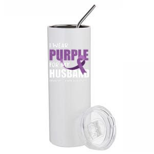 Warrior Husband Purple Ribbon Pancreatic Cancer Awareness Gift Stainless Steel Tumbler