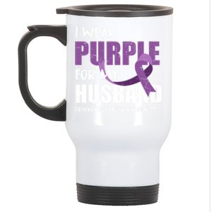 Warrior Husband Purple Ribbon Pancreatic Cancer Awareness Gift Stainless Steel Travel Mug