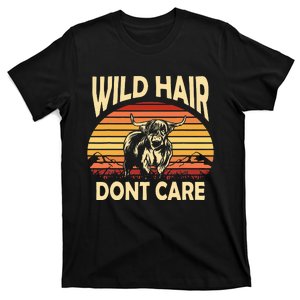 Wild Hair Retro Sunset Scottish Highland Cows T-Shirt