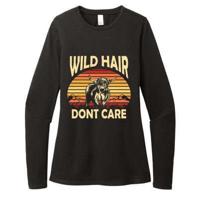 Wild Hair Retro Sunset Scottish Highland Cows Womens CVC Long Sleeve Shirt