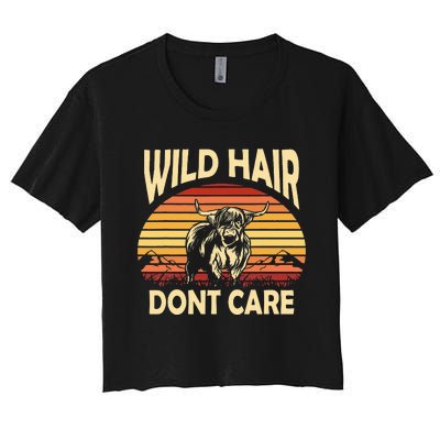 Wild Hair Retro Sunset Scottish Highland Cows Women's Crop Top Tee