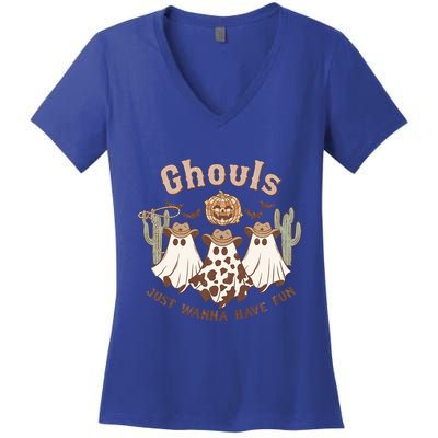 Western Halloween Spooky Ghosts Ghouls Just Wanna Have Fun Gift Women's V-Neck T-Shirt