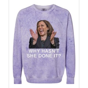 Why HasnT She Done It Funny Kamala Harris Trump 2024 Quote Colorblast Crewneck Sweatshirt