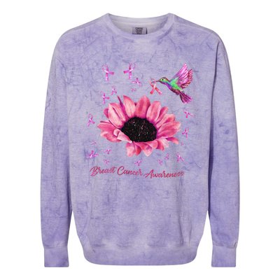 Womens Hummingbird Sunflower Pink Ribbon Breast Cancer Awareness Colorblast Crewneck Sweatshirt