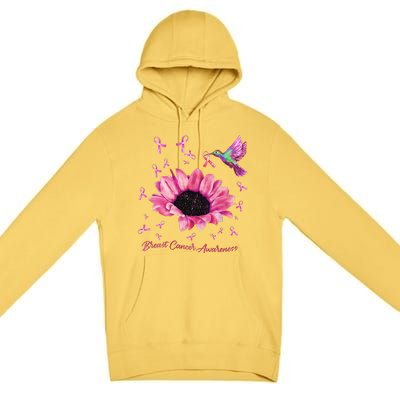 Womens Hummingbird Sunflower Pink Ribbon Breast Cancer Awareness Premium Pullover Hoodie