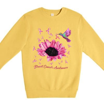 Womens Hummingbird Sunflower Pink Ribbon Breast Cancer Awareness Premium Crewneck Sweatshirt