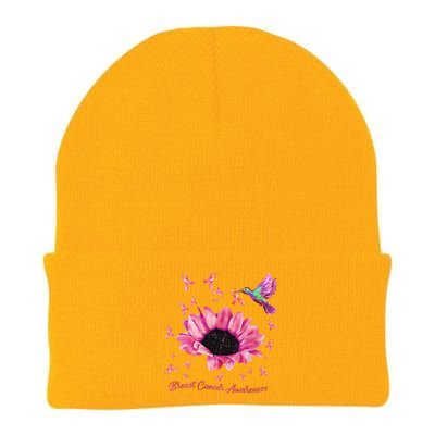 Womens Hummingbird Sunflower Pink Ribbon Breast Cancer Awareness Knit Cap Winter Beanie