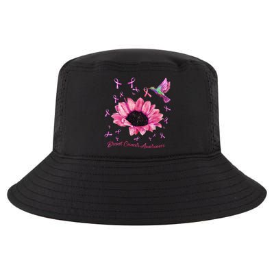 Womens Hummingbird Sunflower Pink Ribbon Breast Cancer Awareness Cool Comfort Performance Bucket Hat