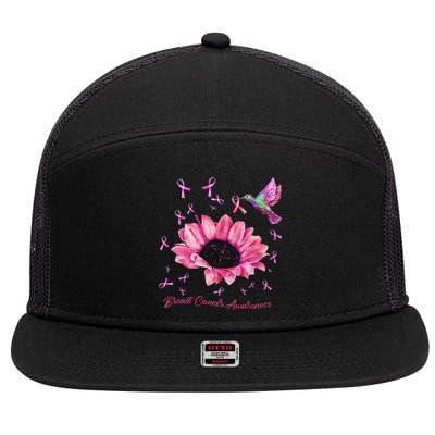 Womens Hummingbird Sunflower Pink Ribbon Breast Cancer Awareness 7 Panel Mesh Trucker Snapback Hat