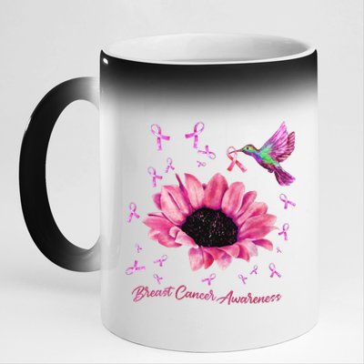 Womens Hummingbird Sunflower Pink Ribbon Breast Cancer Awareness 11oz Black Color Changing Mug