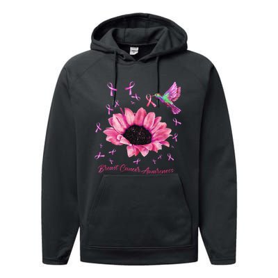 Womens Hummingbird Sunflower Pink Ribbon Breast Cancer Awareness Performance Fleece Hoodie