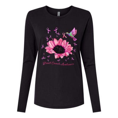 Womens Hummingbird Sunflower Pink Ribbon Breast Cancer Awareness Womens Cotton Relaxed Long Sleeve T-Shirt