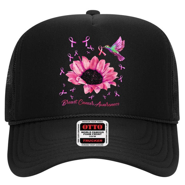 Womens Hummingbird Sunflower Pink Ribbon Breast Cancer Awareness High Crown Mesh Back Trucker Hat