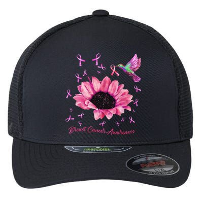 Womens Hummingbird Sunflower Pink Ribbon Breast Cancer Awareness Flexfit Unipanel Trucker Cap