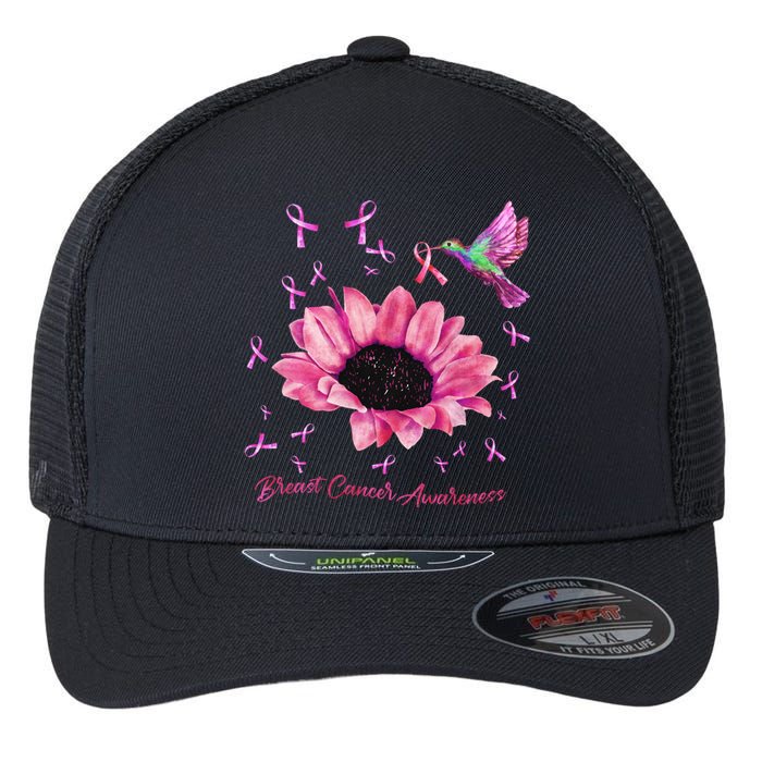 Womens Hummingbird Sunflower Pink Ribbon Breast Cancer Awareness Flexfit Unipanel Trucker Cap