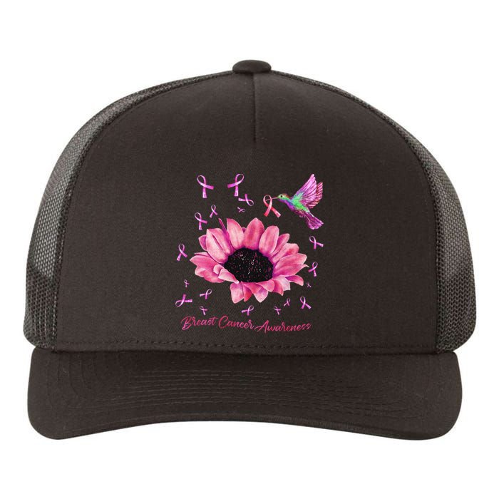 Womens Hummingbird Sunflower Pink Ribbon Breast Cancer Awareness Yupoong Adult 5-Panel Trucker Hat