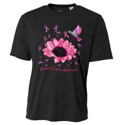 Womens Hummingbird Sunflower Pink Ribbon Breast Cancer Awareness Cooling Performance Crew T-Shirt