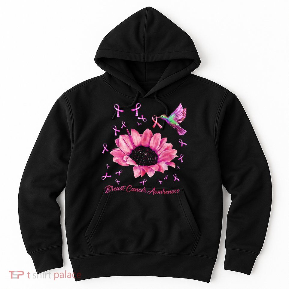 Womens Hummingbird Sunflower Pink Ribbon Breast Cancer Awareness Hoodie
