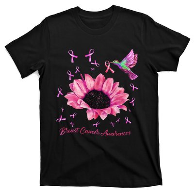 Womens Hummingbird Sunflower Pink Ribbon Breast Cancer Awareness T-Shirt