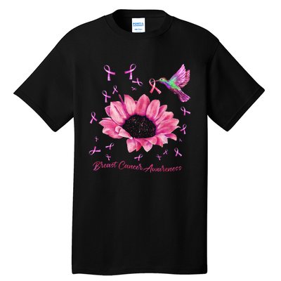 Womens Hummingbird Sunflower Pink Ribbon Breast Cancer Awareness Tall T-Shirt