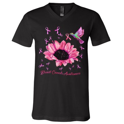 Womens Hummingbird Sunflower Pink Ribbon Breast Cancer Awareness V-Neck T-Shirt
