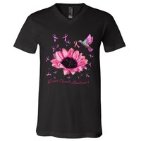 Womens Hummingbird Sunflower Pink Ribbon Breast Cancer Awareness V-Neck T-Shirt