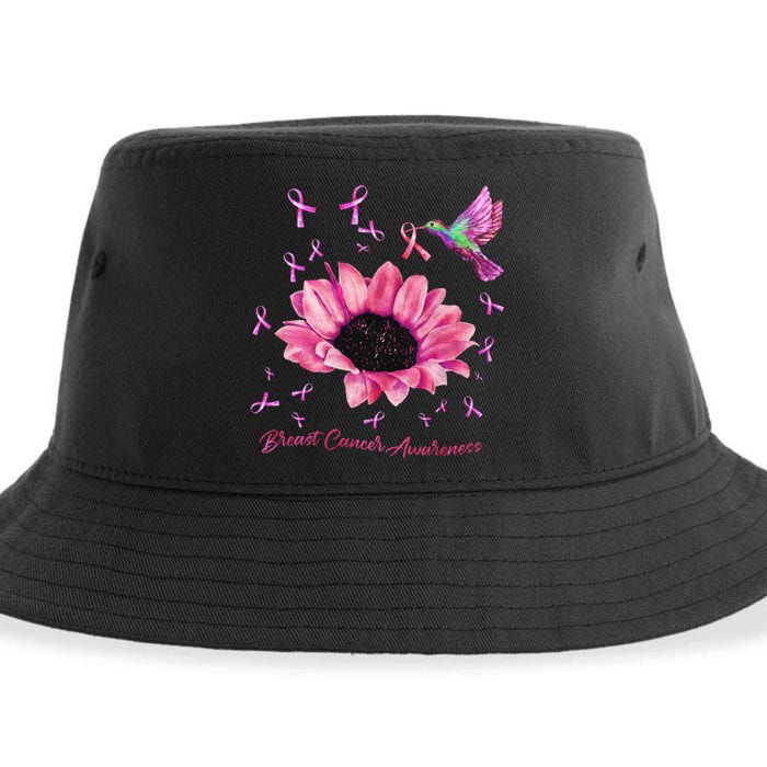 Womens Hummingbird Sunflower Pink Ribbon Breast Cancer Awareness Sustainable Bucket Hat