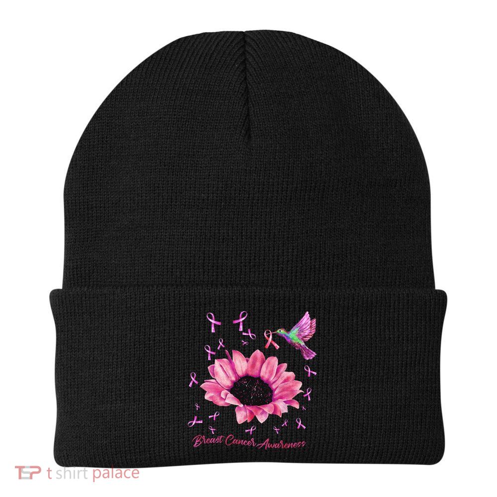 Womens Hummingbird Sunflower Pink Ribbon Breast Cancer Awareness Beanie
