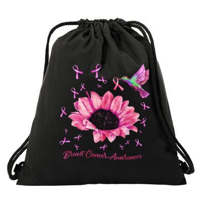 Womens Hummingbird Sunflower Pink Ribbon Breast Cancer Awareness Drawstring Bag