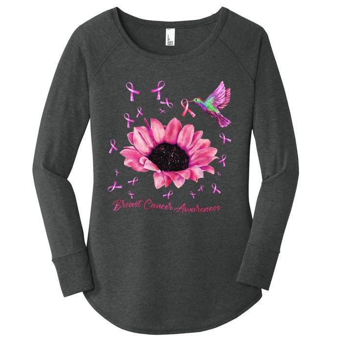 Womens Hummingbird Sunflower Pink Ribbon Breast Cancer Awareness Women's Perfect Tri Tunic Long Sleeve Shirt