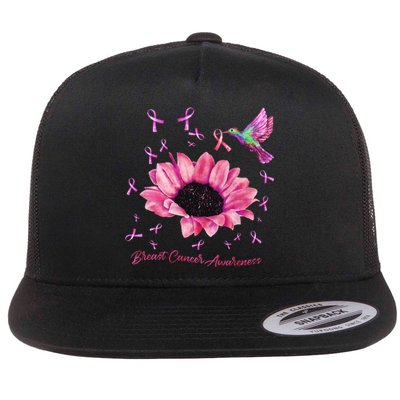 Womens Hummingbird Sunflower Pink Ribbon Breast Cancer Awareness Flat Bill Trucker Hat