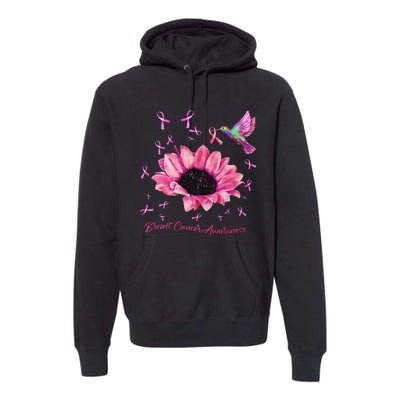 Womens Hummingbird Sunflower Pink Ribbon Breast Cancer Awareness Premium Hoodie