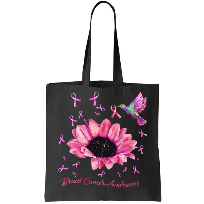 Womens Hummingbird Sunflower Pink Ribbon Breast Cancer Awareness Tote Bag