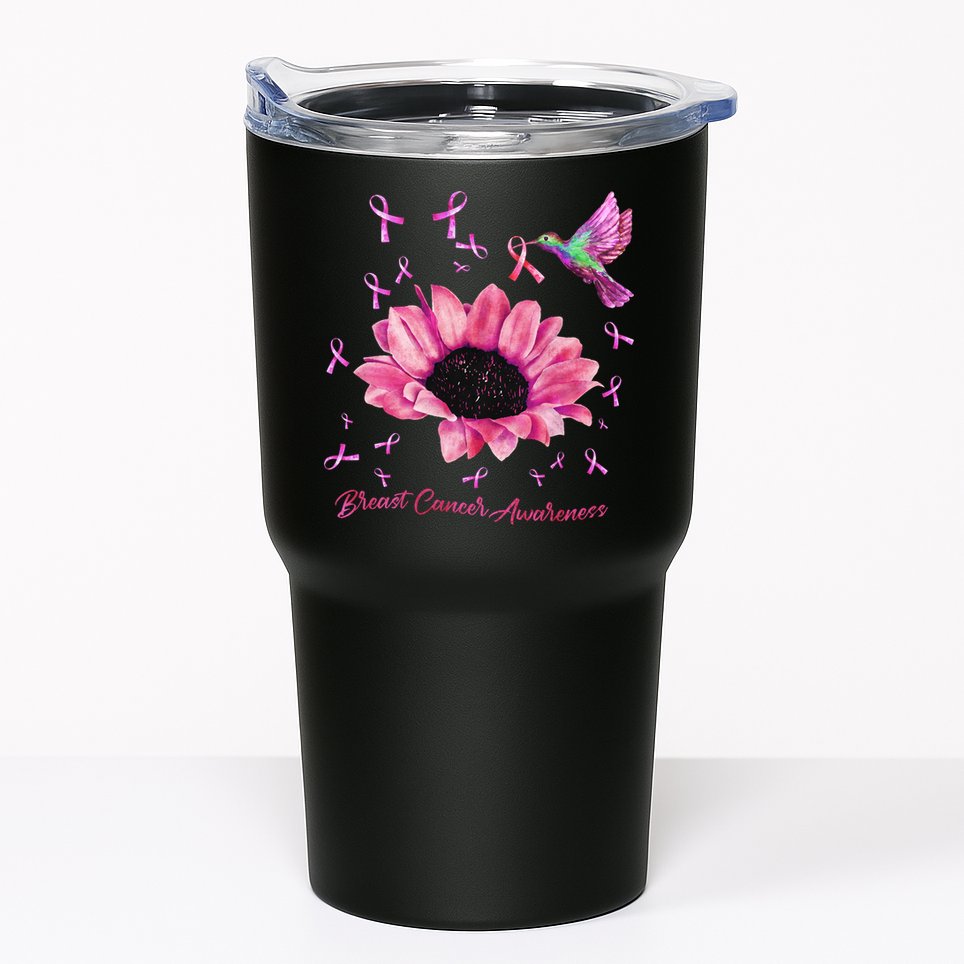 Womens Hummingbird Sunflower Pink Ribbon Breast Cancer Awareness Tumbler