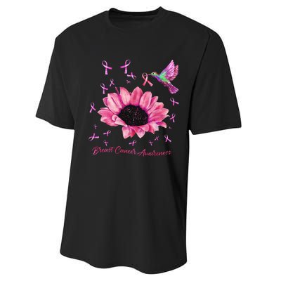 Womens Hummingbird Sunflower Pink Ribbon Breast Cancer Awareness Performance Sprint T-Shirt