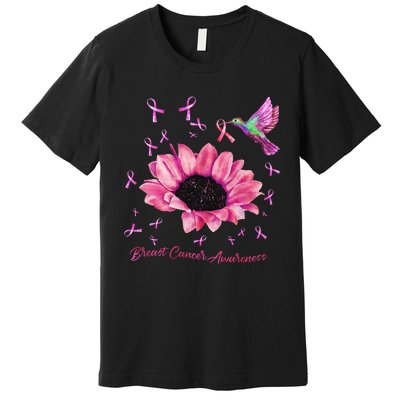 Womens Hummingbird Sunflower Pink Ribbon Breast Cancer Awareness Premium T-Shirt